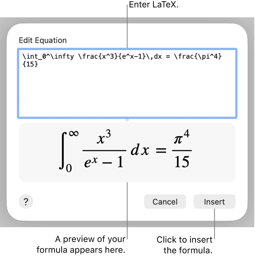 The quadratic formula written using LaTeX in the Equation field, and a preview of the formula below.