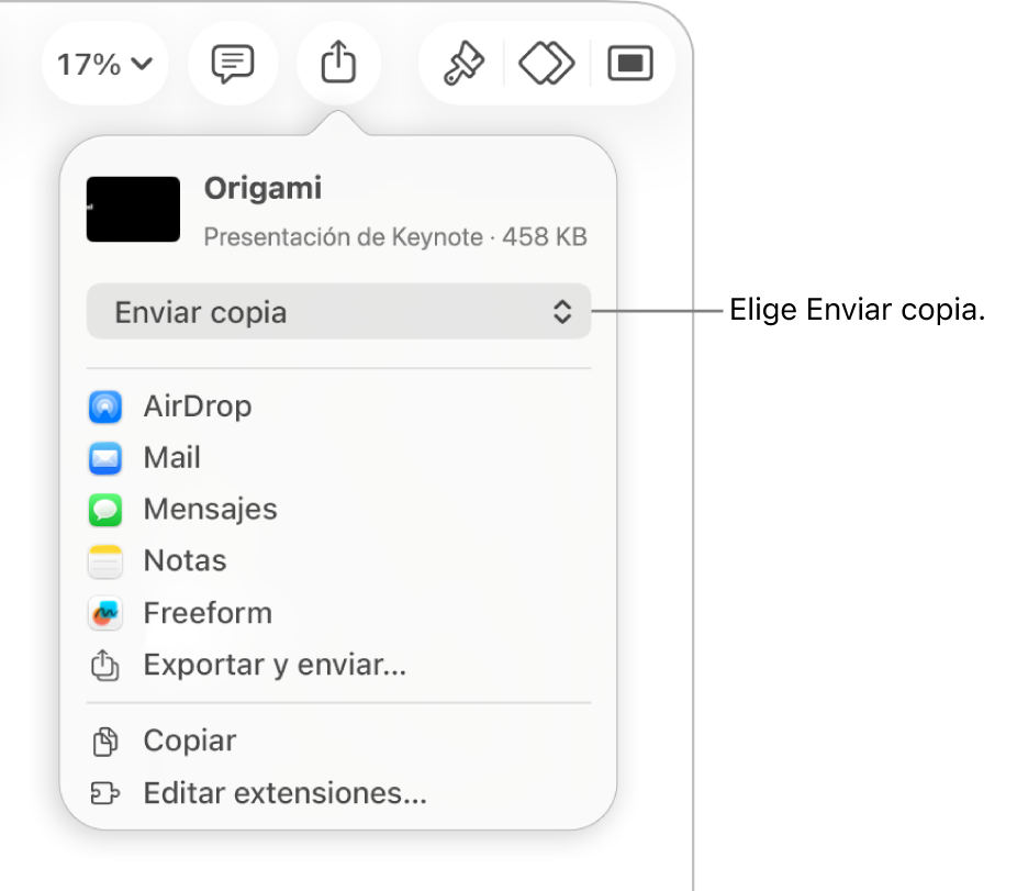 El menú Compartir con la opción Enviar copia seleccionada en la parte superior.