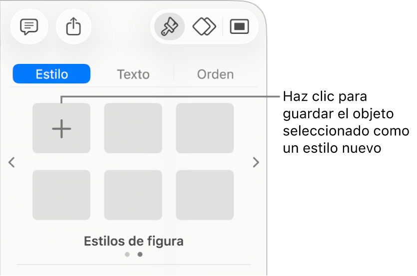 La pestaña Estilo de la barra lateral Formato con un estilo de caja de texto, el botón Crear estilo a la derecha y cuatro marcadores de posición de estilo vacíos.