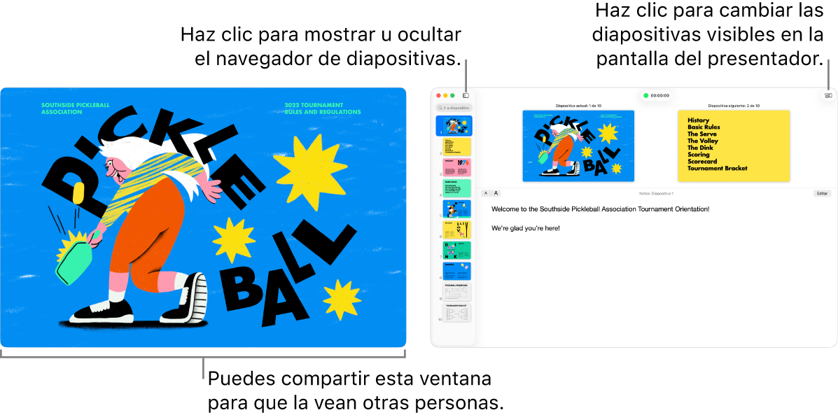 Se muestra una presentación de Keynote en una ventana, con la pantalla del presentador en una segunda ventana con el navegador de diapositivas, las notas del presentador y la vista previa de la diapositiva.