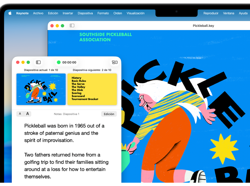 Una presentación reproduciéndose en modo de reproducción en una ventana. La pantalla del presentador aparece en una ventana, mientras que la diapositiva actual se reproduce en otra.