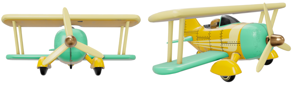 Un modelo 3D de un biplano visto desde dos ángulos.