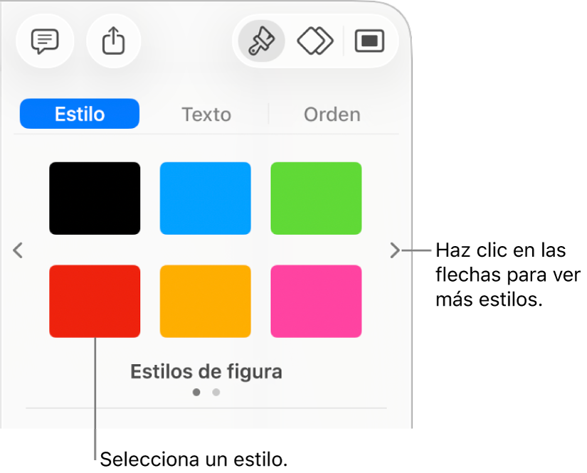 La pestaña Estilo de la barra lateral Formato con seis estilos de objeto y flechas de navegación a su derecha e izquierda.