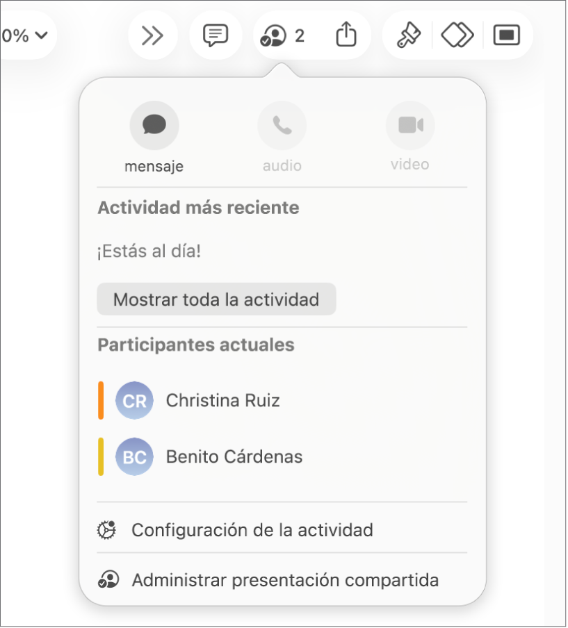 El menú de colaboración mostrando los nombres de las personas que colaboran en la presentación.