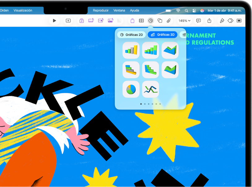 La barra de herramientas con botones para agregar tablas, gráficas, cuadros de texto, figuras y contenido multimedia. La gráfica está seleccionada y muestra botones para las gráficas 2D, 3D e Interactivas. Se selecciona 3D y se muestran abajo las opciones de la gráfica.