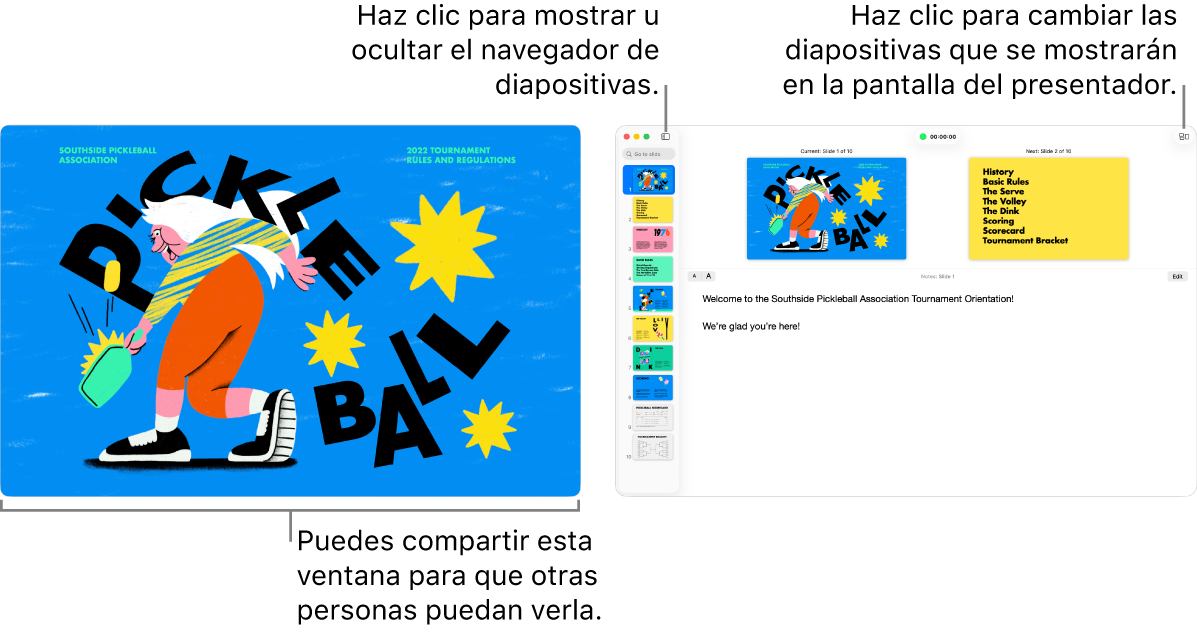 Una presentación de Keynote en una ventana, con la pantalla del presentador en una segunda ventana que contiene el navegador de diapositivas, las notas del presentador y la previsualización de diapositivas.