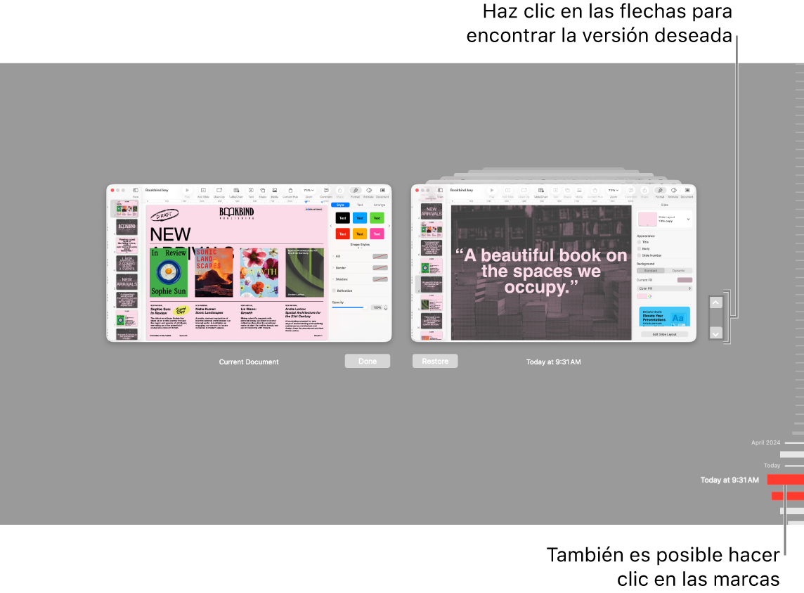 Vista de restauración con marcas y flechas.