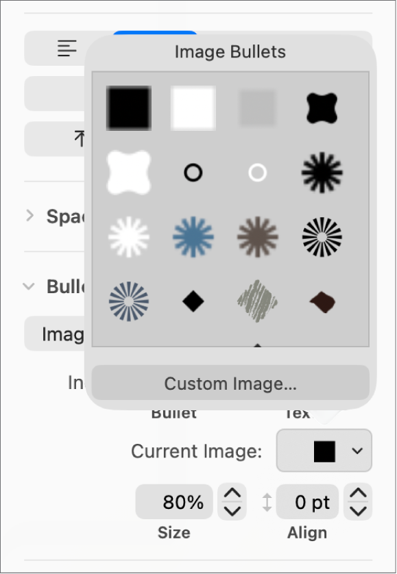 El menú desplegable “Viñetas de imagen”.