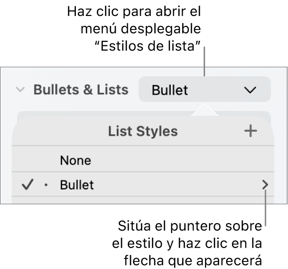 El menú desplegable “Estilos de lista” con un estilo seleccionado y una flecha en el extremo derecho.