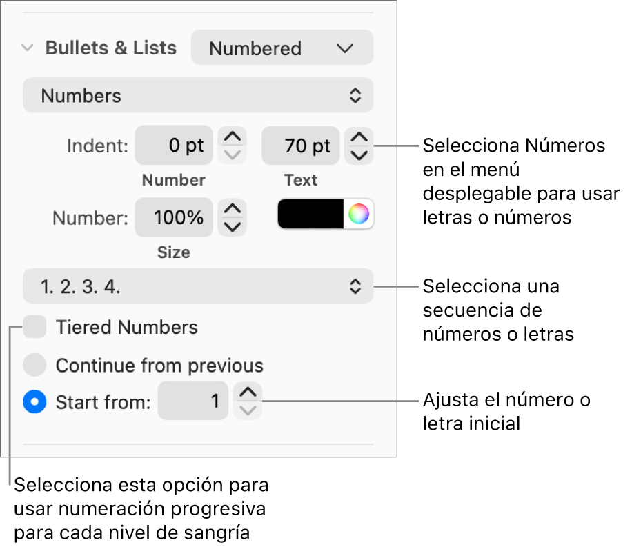 Controles para cambiar el estilo de numeración y el espaciado de una lista.