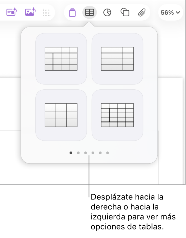Panel “Añadir tabla” con flechas de navegación a la izquierda y a la derecha.