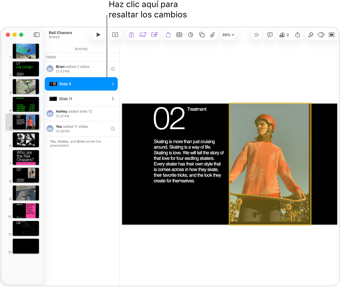 Una presentación colaborativa con el menú de colaboración y la lista de actividades abiertos.