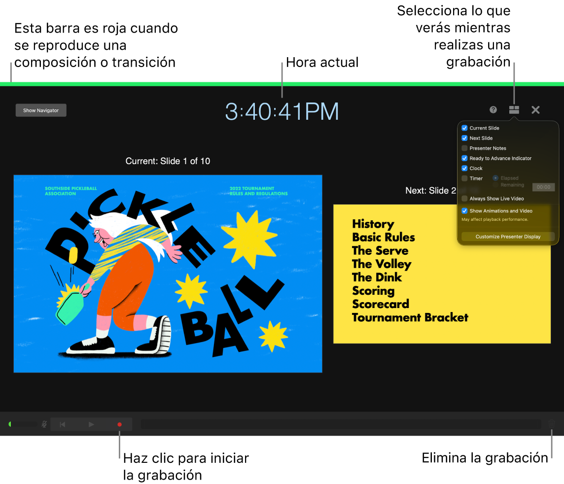 Captura de pantalla del modo de grabación de vídeo en la pantalla del presentador. Están visibles la diapositiva actual y siguiente, la hora actual y los controles de visualización del presentador. El control para iniciar y detener la grabación y el control para eliminar la grabación aparecen cerca de la parte inferior de la pantalla.