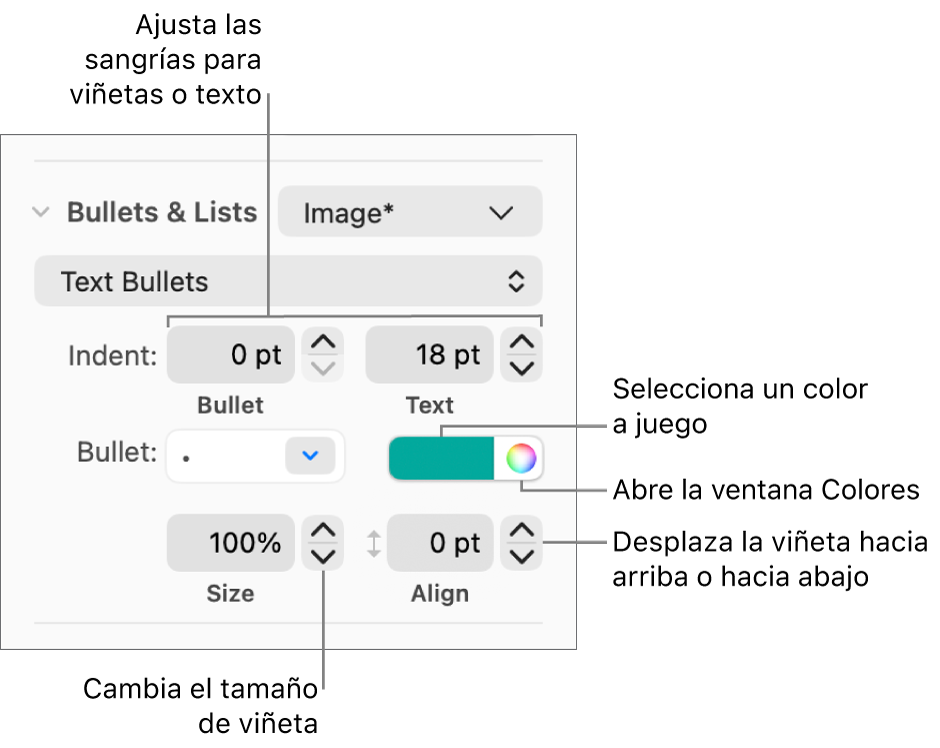 Sección “Viñetas/listas” con llamadas a los controles de sangría de viñeta y texto, color de viñeta, tamaño de viñeta y alineación.