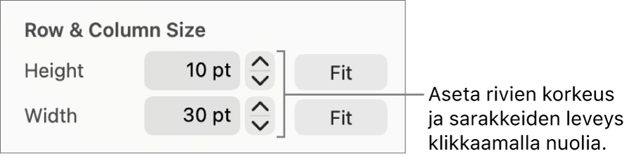 Säätimet rivi- tai sarakekoon asettamiseen täsmällisesti.