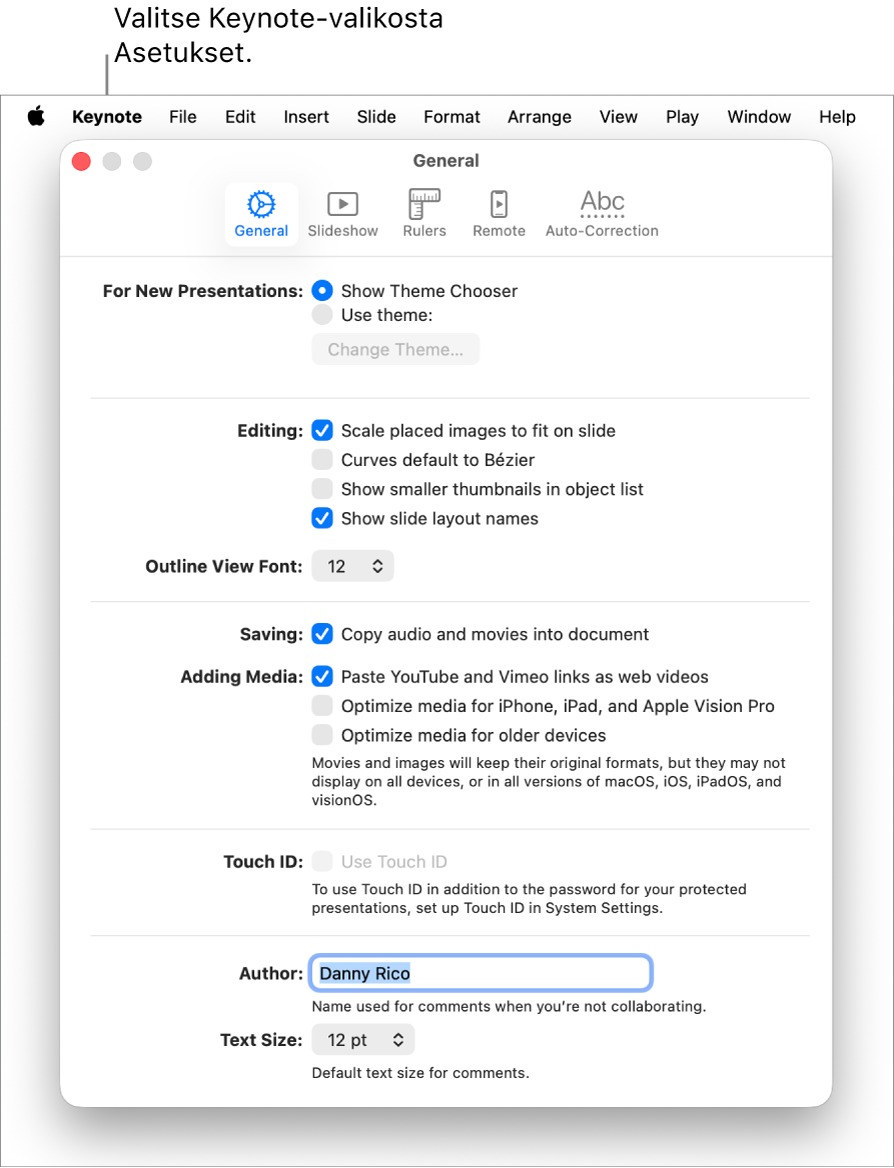 Keynote-asetusikkuna, jossa on Yleiset-osio avoinna.