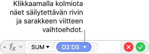 Kaavan muokkaaja ja kolmio, jota klikkaamalla avataan valinnat rivi- tai sarakeviittausten säilyttämiselle.