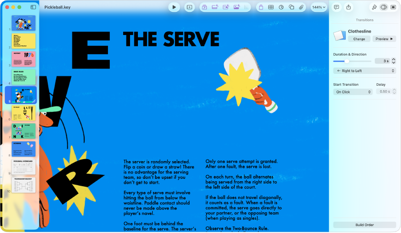 Keynote-ikkuna, jossa on dia valittuna diojen rakennenäkymässä näytön vasemmalla puolella. Siirrokset-säätimet näkyvät Animaatio-sivupalkissa, joka on avattuna näytön oikealla puolella.
