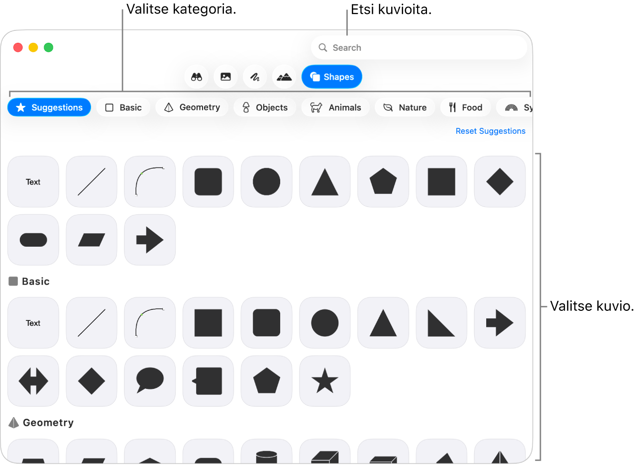Kuviokirjasto, jossa näkyy vasemmalla kategorioita ja oikealla kuvioita. Voit etsiä kuvioita yläreunassa olevan hakukentän avulla ja näyttää niitä lisää vierittämällä.