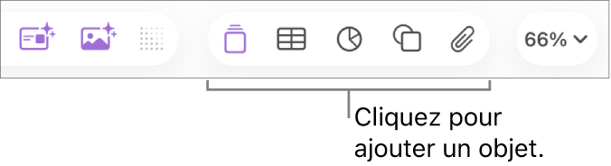 La barre d’outils Keynote, présentant les boutons utilisés pour ajouter un objet à une diapositive.