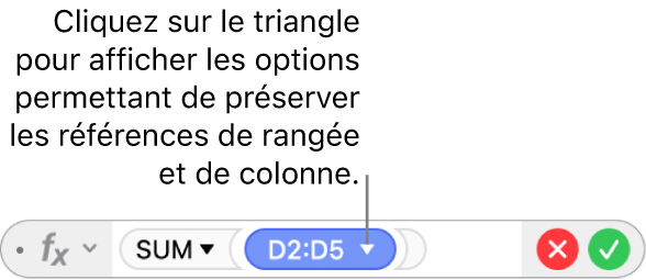 L’éditeur de formules avec un triangle sur lequel vous pouvez cliquer pour ouvrir les options permettant de conserver les références de rangée et de colonne.