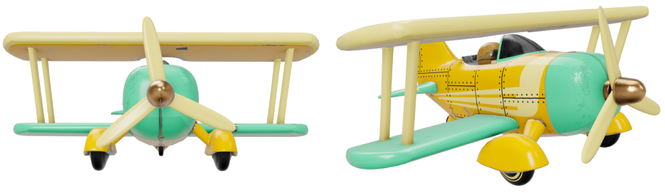 Un modèle 3D d’un biplan vu sous deux angles.