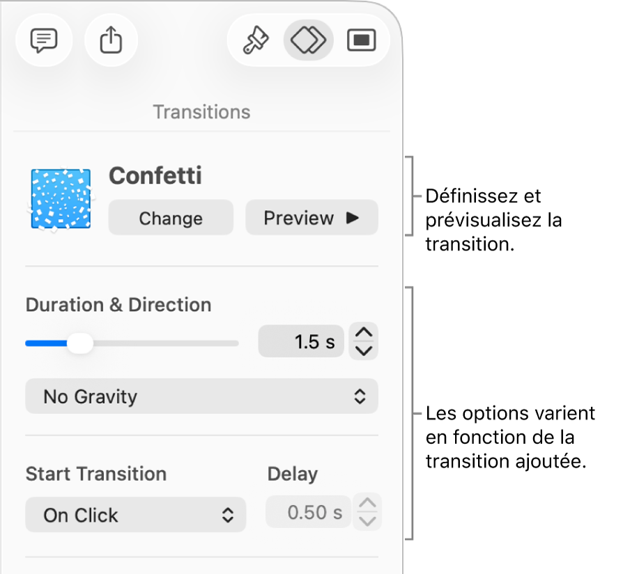Commandes de transition de la section Transitions de la barre latérale.