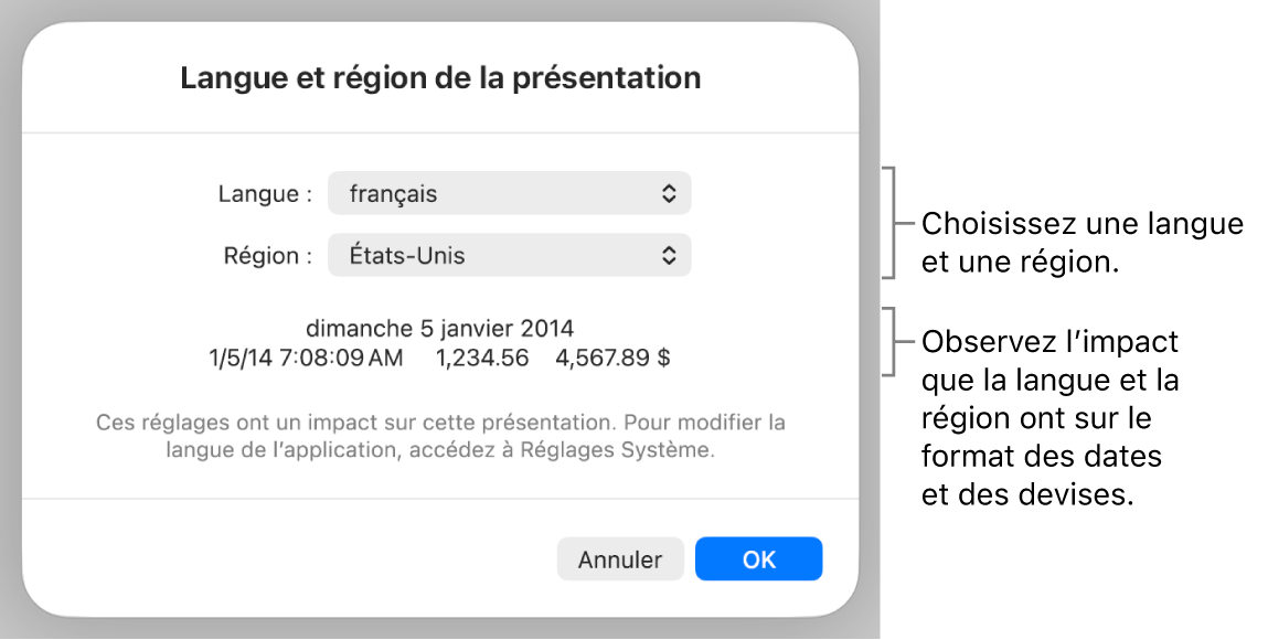 La sous-fenêtre « Langue et région » présentant des commandes de langue et de région, ainsi qu’un exemple de mise en forme comprenant date, heure, affichage des décimales et devise.