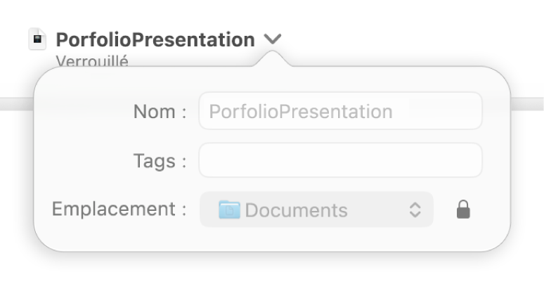 Menu local de verrouillage ou déverrouillage d’une présentation.