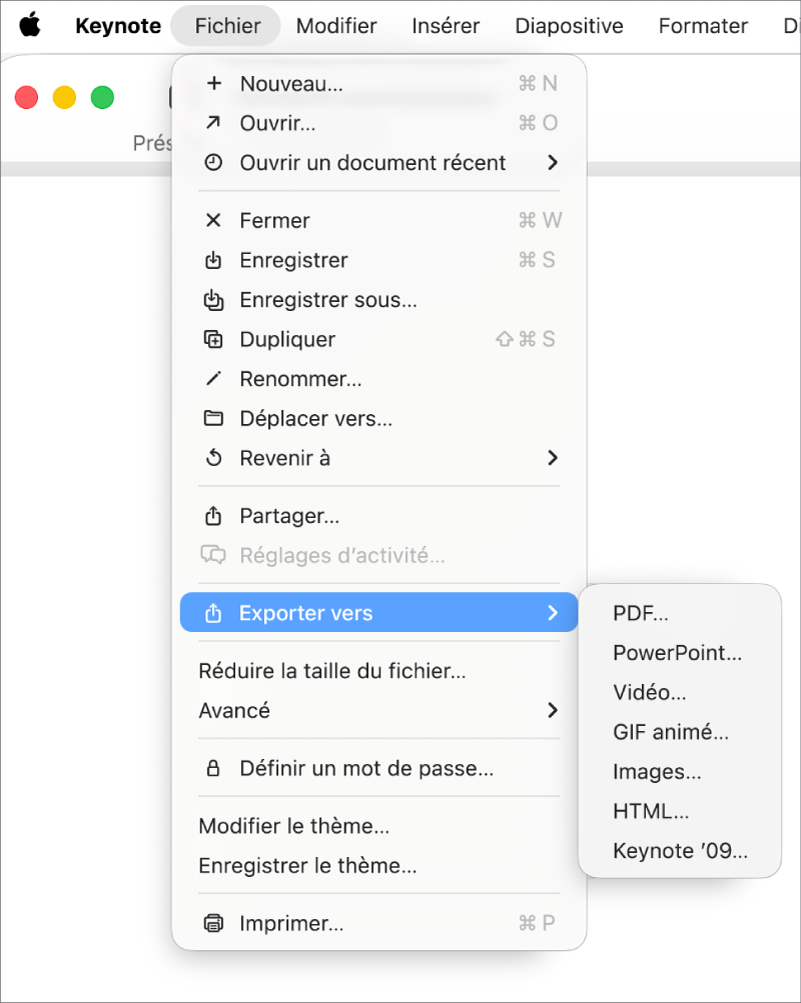 Le menu Fichier ouvert avec l’option « Exporter vers » sélectionnée, le sous-menu correspondant affichant les options d’exportation aux formats PDF, PowerPoint et Vidéo.