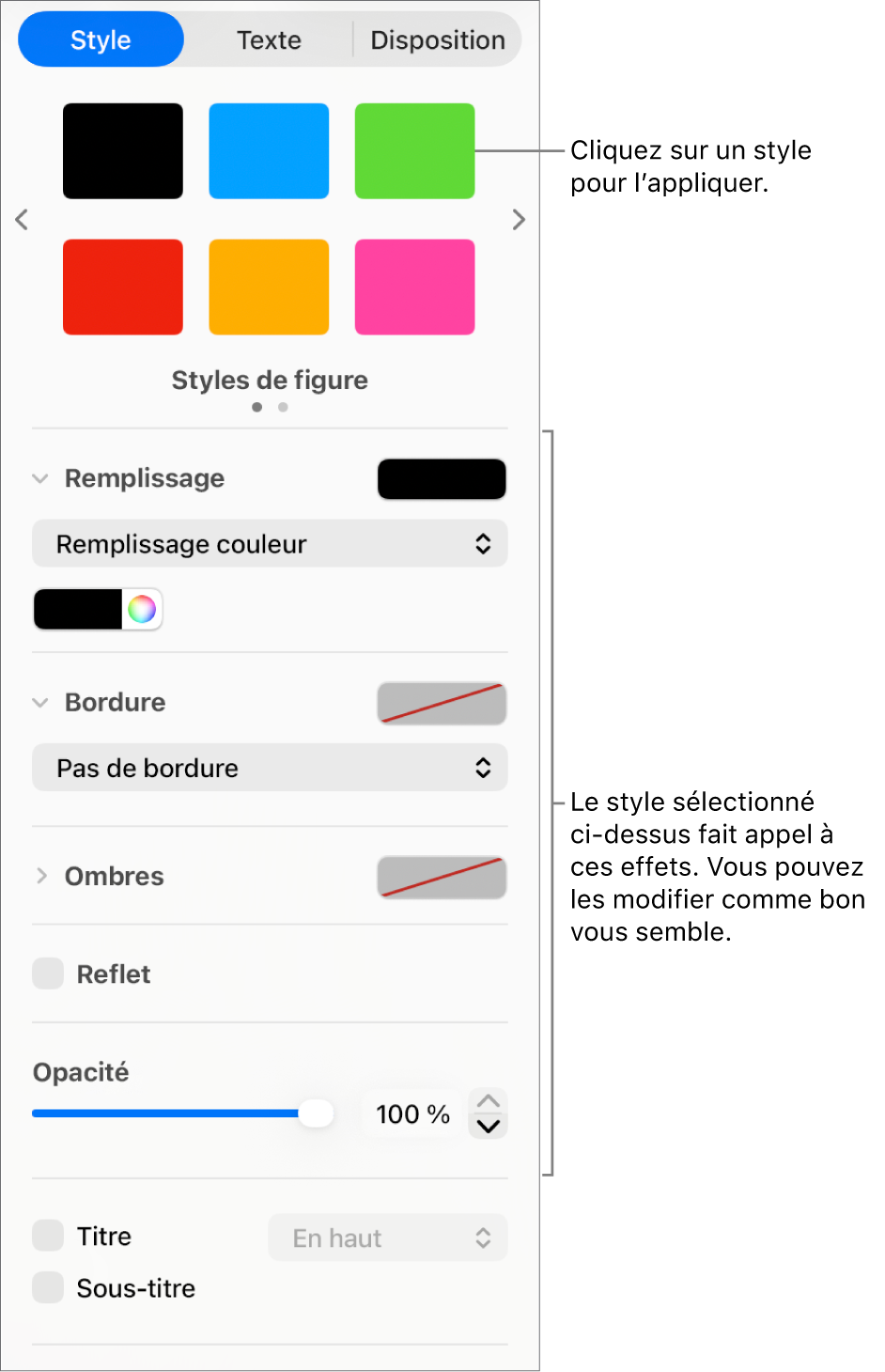 Styles et options de figure de la section Format de la barre latérale.