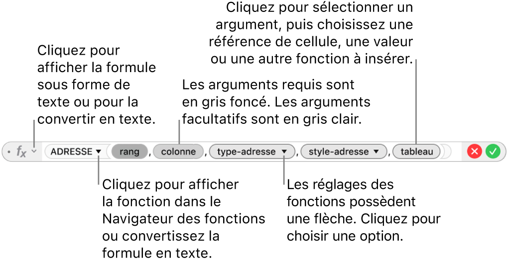 L’éditeur de formules affichant la fonction ADRESSE et les jetons d’argument correspondants.