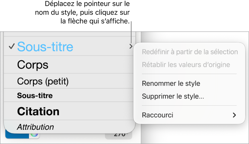 Le menu « Styles de paragraphe » avec le menu contextuel ouvert.