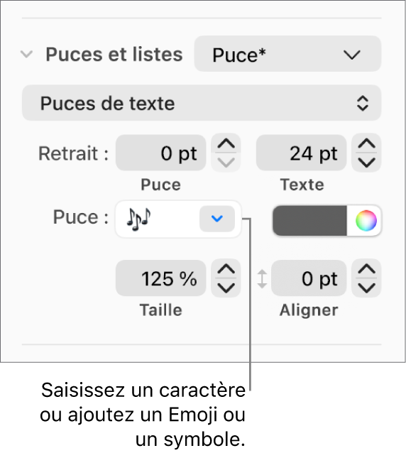 La section « Puces et listes » de la barre latérale Format. Le champ Puce affiche un Emoji en forme de fleur.