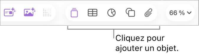 La barre d’outils Keynote, présentant les boutons utilisés pour ajouter un objet à une diapositive.