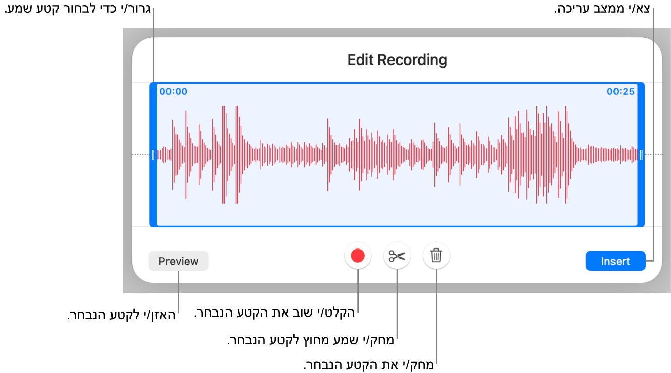 כלי הבקרה לעריכת שמע שהוקלט. ידיות האחיזה מציינות את המקטע שנבחר מתוך ההקלטה, והכפתורים ״תצוגה מקדימה״, ״הקלט״, ״חתוך״, ״מחק״ ו״מצב עריכה״ נמצאים מתחת.