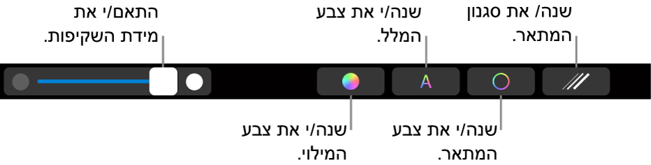 ב‑MacBook Pro, ה‑Touch Bar מציג כלי בקרה לשינוי מידת האטימות של צורה, שינוי צבע המילוי, שינוי צבע המלל, שינוי צבע המתאר ושינוי סגנון המתאר.