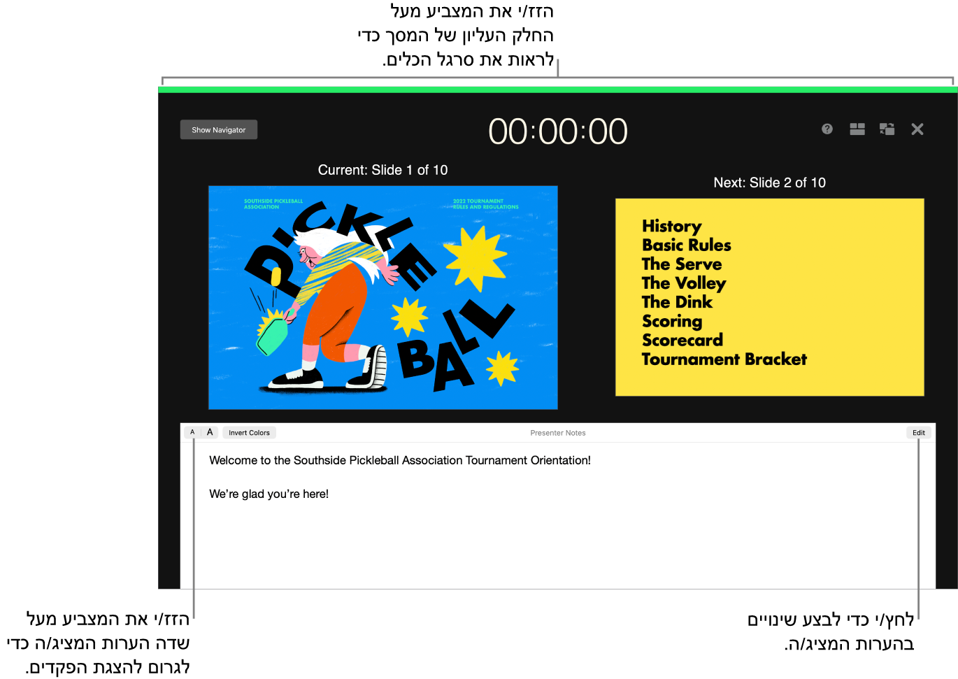 צג המציג/ה ב-Keynote עם כפתורים לפתיחה וסגירה של נווט השקפים ואפשרויות תצוגה לאורך החלק העליון של המסך. השקף הנוכחי והשקף הבא מוצגים במרכז המסך, כאשר השדה ״הערות המציג/ה״ בחלק התחתון.