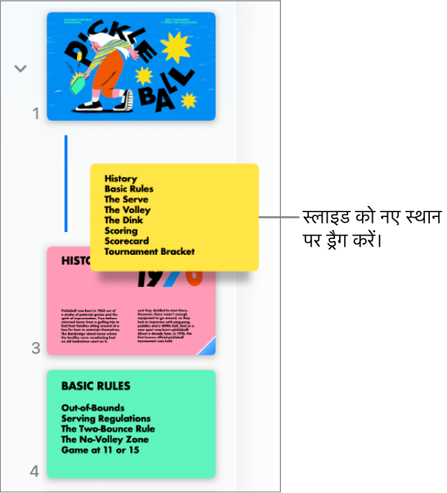 बाईं ओर रेखा के साथ रीऑर्डर किए गए स्लाइड थंबनेल को दिखा रहा स्लाइड नेविगेटर।