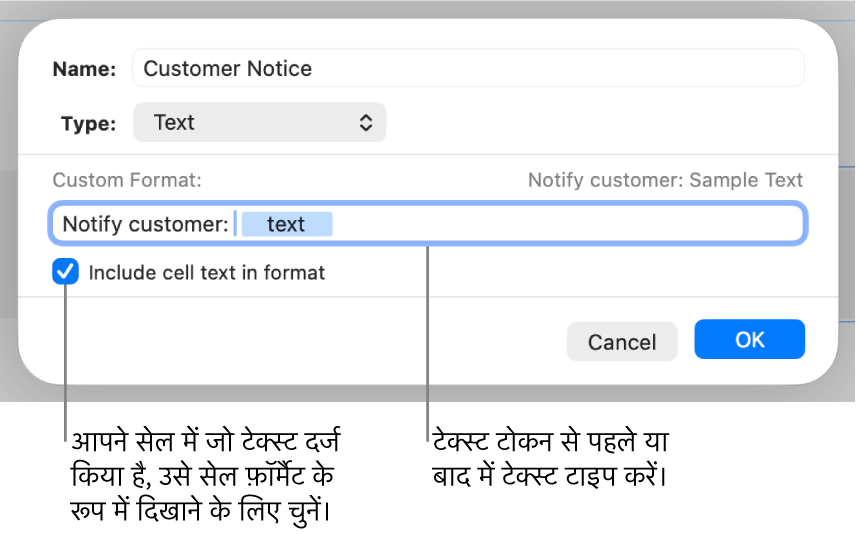कस्टम टेक्स्ट सेल फ़ॉर्मैट।