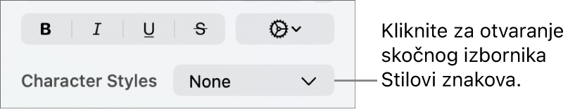 Skočni izbornik Stilovi znakova ispod kontrola za promjenu stila i boje teksta.