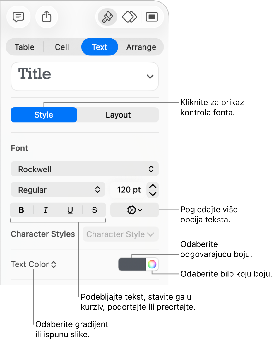 Kontrole za oblikovanje teksta tablice.