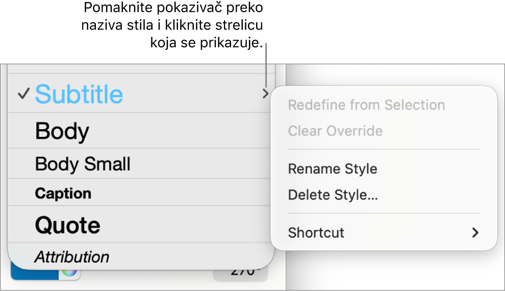 Izbornik stilova paragrafa s otvorenim izbornikom prečaca.