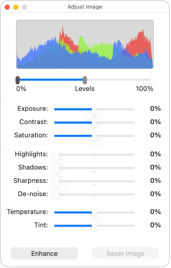 Prozor Podesi sliku s kliznicima za podešavanje ekspozicije, kontrasta, zasićenosti, isticanja, sjena, oštrine, uklanjanja smetnji, temperature i nijanse.