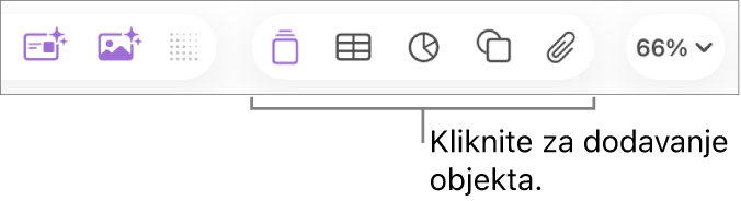 Alatna traka Keynote s prikazom tipki koje se koriste za dodavanja objekta na slajd.