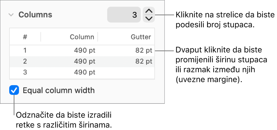 Kontrole u odjeljku sa stupcima koje služe za promjenu broja stupaca i širine svakog stupca.