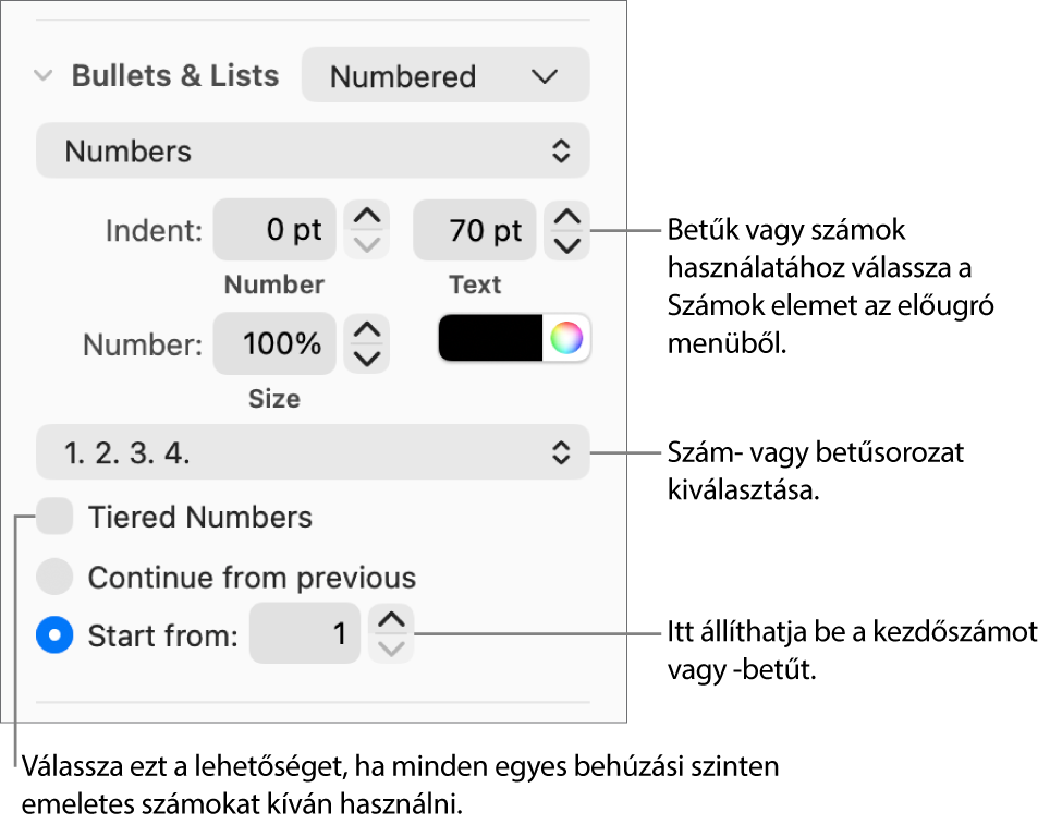 Lista számstílusának és térközének módosítására szolgáló vezérlők.