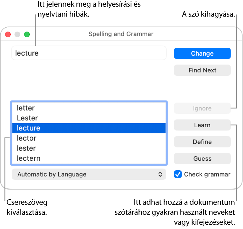 A Helyesírás és nyelvtan ablak.
