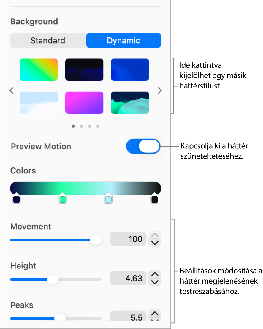 A kijelzőn a Formátum oldalsáv Háttér részén a kijelölt Dinamikus gomb látható a dinamikus háttérstílusokkal, a Mozgás előnézete és a megjelenés vezérlőkkel.
