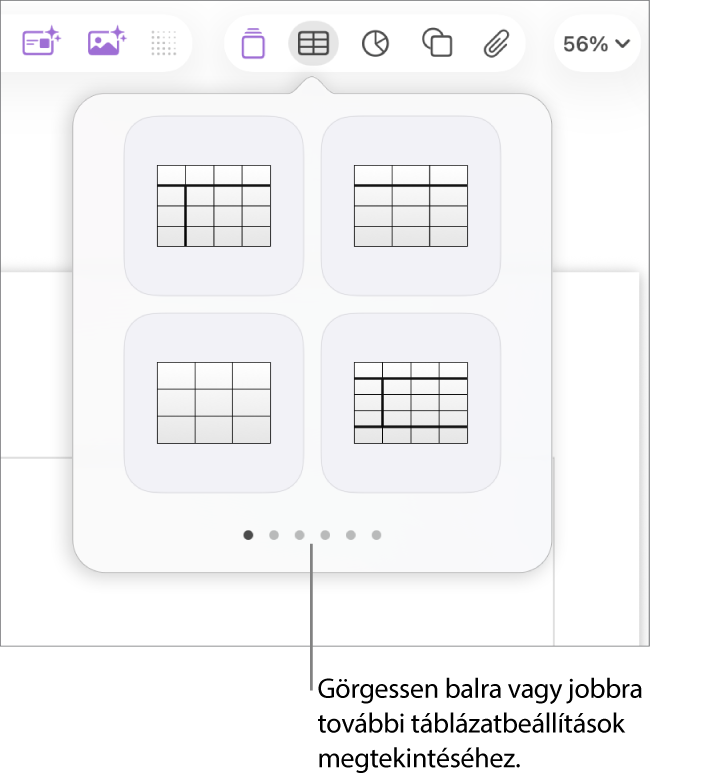 A Táblázat hozzáadása panel navigációs nyilakkal a bal és jobb oldalon.